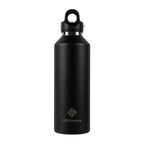 Black water bottle with a silver cap on a white background
