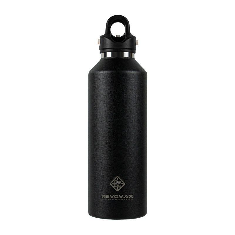Black water bottle with a silver cap on a white background
