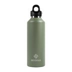 Green water bottle with black cap on a white background