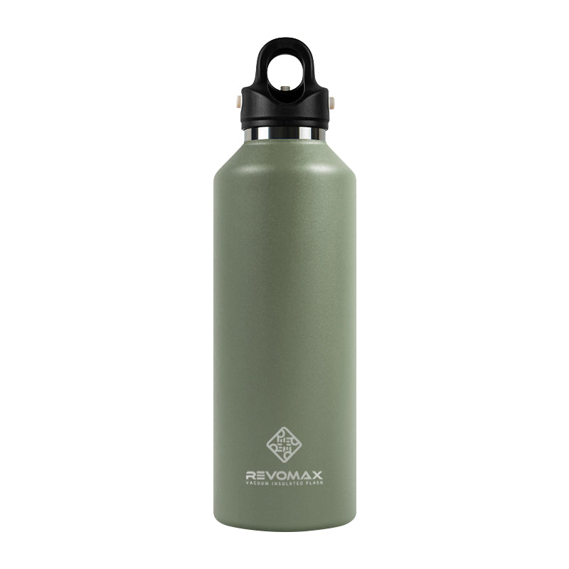Green water bottle with black cap on a white background