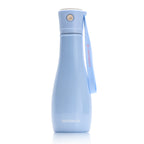 Light blue water bottle with a strap on a white background