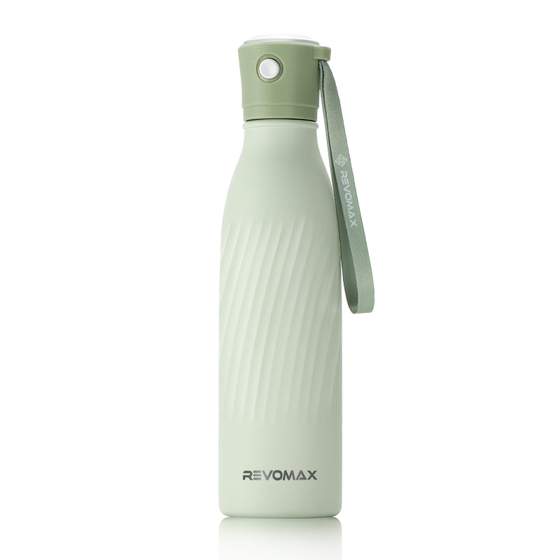 Light green water bottle with a strap on a white background, featuring the Revomax brand.