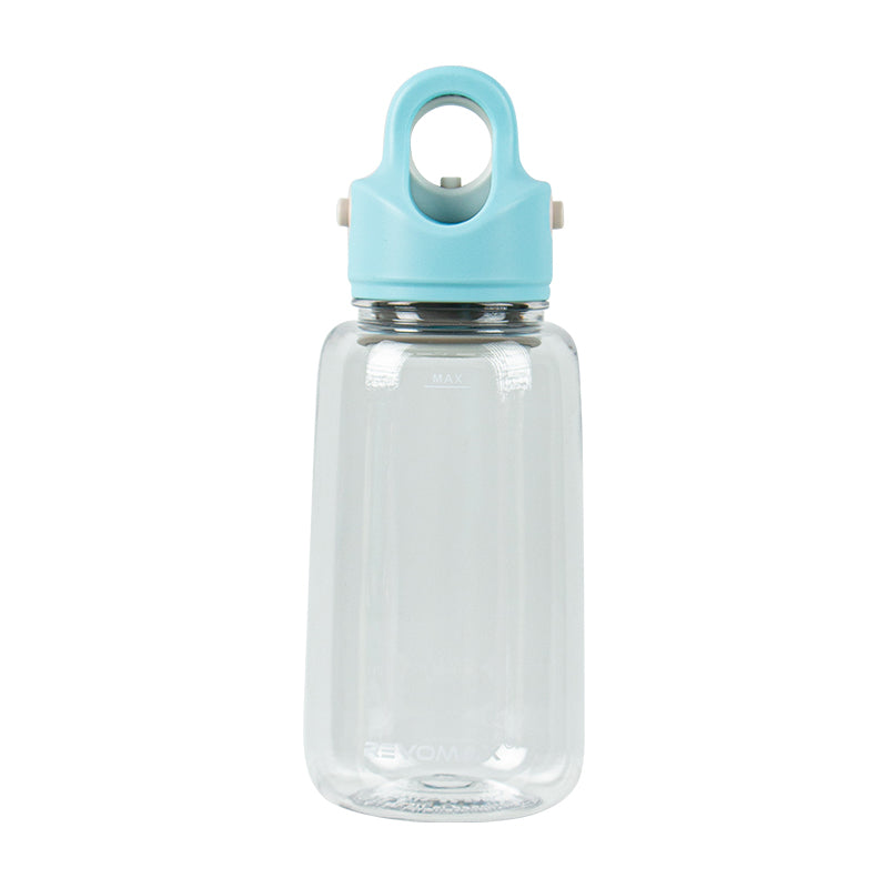 Clear water bottle with a light blue cap on a white background