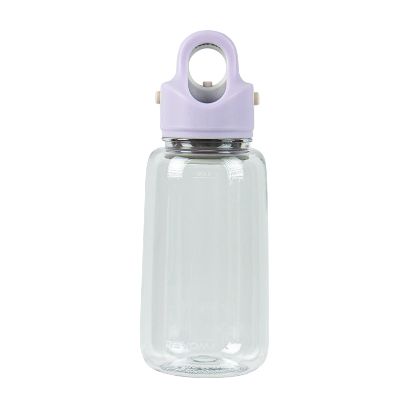 Clear water bottle with a purple cap on a white background Main image