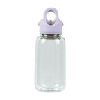 Clear water bottle with a purple cap on a white background