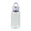 Clear water bottle with a purple cap on a white background