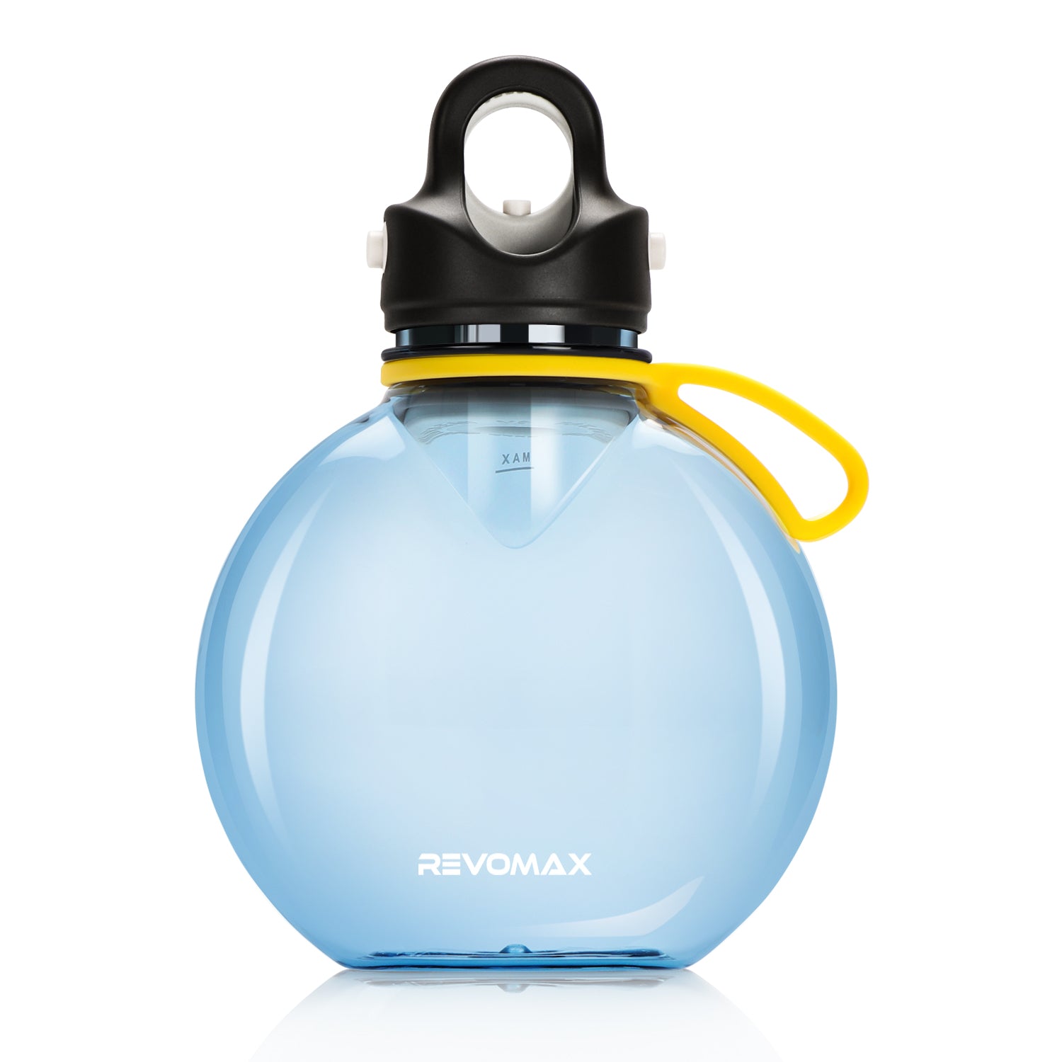 Blue water bottle with black cap and yellow handle on a white background Main image