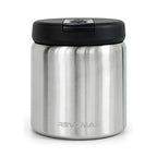 Stainless steel food container with black lid on a white background, featuring the Revomax brand.